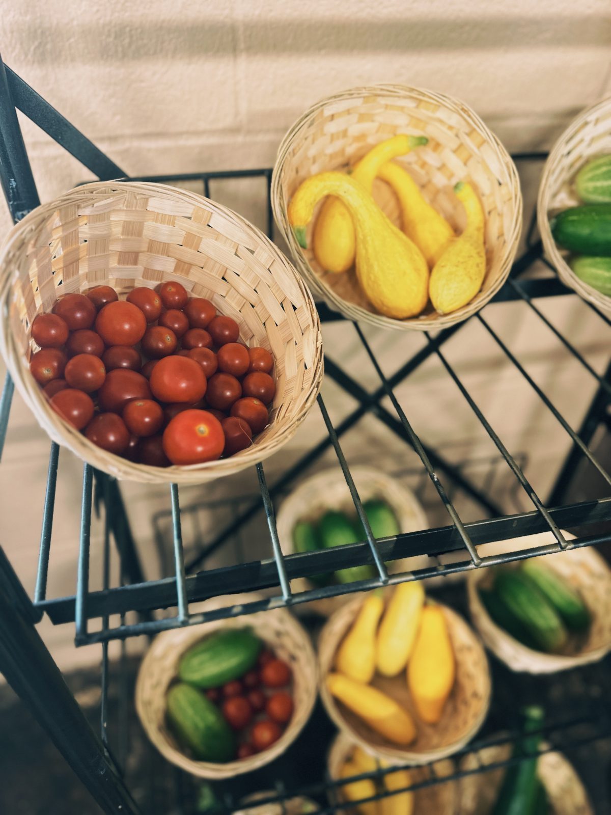 Baskets of cherry tomatoes, yellow squash, and cucumbers at the local farmer's market
